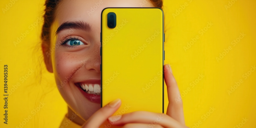 Young woman holding a phone near her face on bright solid background. A girl hiding behind her smart phone.