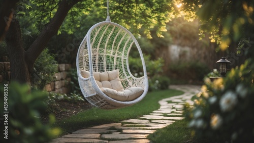 Obraz na płótnie Comfortable hanging wicker chair in summer garden. Cozy spot for weekend relaxation in the garden. Hammock chair in boho style suspended from a tree. Cozy outdoor backyard. Concept of resting outdo... w salonie