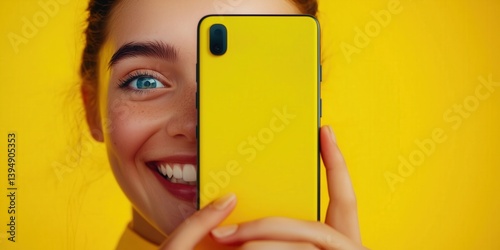 Obraz na płótnie Young woman holding a phone near her face on bright solid background. A girl hiding behind her smart phone. w salonie