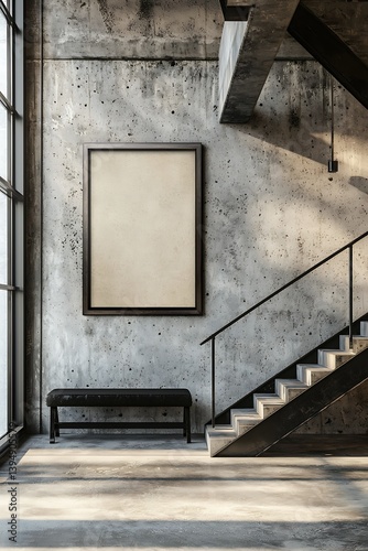 Industrial stairwell wall mockup showcasing a metallic frame aligned with modern concrete walls