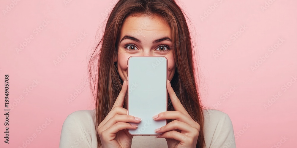 Young woman holding a phone near her face on bright solid background. A girl hiding behind her smart phone.