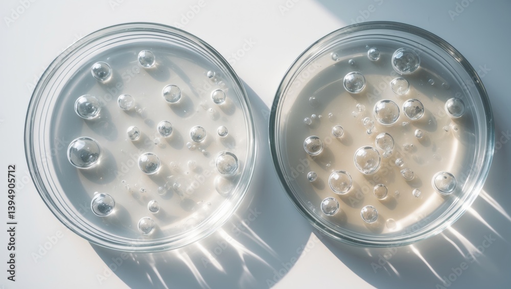 Liquid-filled Petri cups. A kit featuring chemical agents, oils, and cosmetics. Close-up of gel, water, molecules, and viruses set on a white background. Liquid-filled Petri cups. A kit featuring chemical agents, oils, and cosmetics. Close-up of gel, water, molecules, and viruses set on a white background.