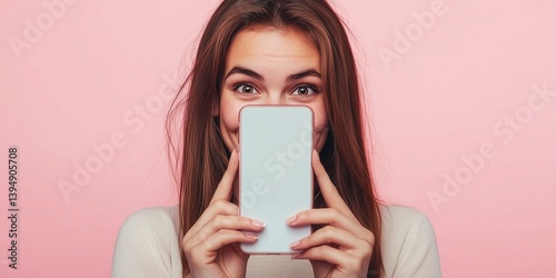Obraz na płótnie Young woman holding a phone near her face on bright solid background. A girl hiding behind her smart phone. w salonie