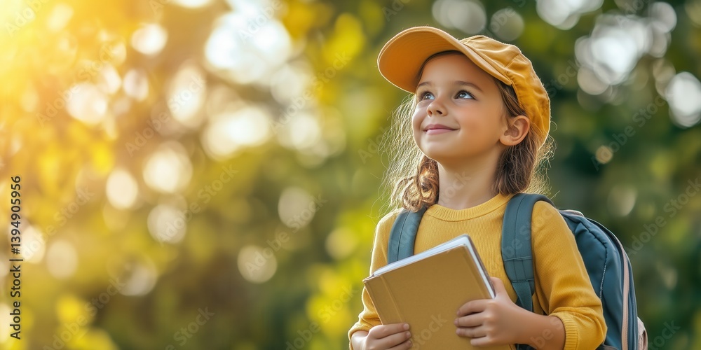 Cheerful child wearing a school backpack on nature background. Young student with a book. First day of school concept.