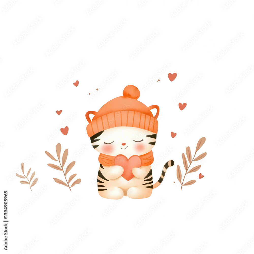 A cute cartoon kitten wearing an orange beanie, holding a heart, surrounded by hearts and leaves. Perfect for conveying warmth and affection.
