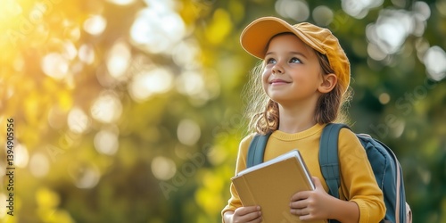 Obraz na płótnie Cheerful child wearing a school backpack on nature background. Young student with a book. First day of school concept. w salonie