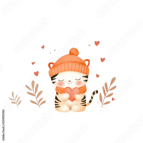 Obraz na płótnie A cute cartoon kitten wearing an orange beanie, holding a heart, surrounded by hearts and leaves. Perfect for conveying warmth and affection. w salonie