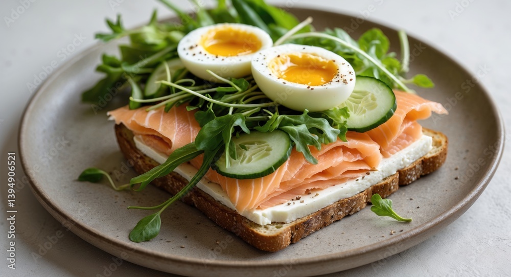 Nutritious open-faced salmon sandwich featuring cream cheese, soft egg, vegetables, and greens. Tasty protein-rich fish sandwich perfect for breakfast or brunch, overhead view. Nutritious open-faced salmon sandwich featuring cream cheese, soft egg, vegetables, and greens. Tasty protein-rich fish sandwich perfect for breakfast or brunch, overhead view.