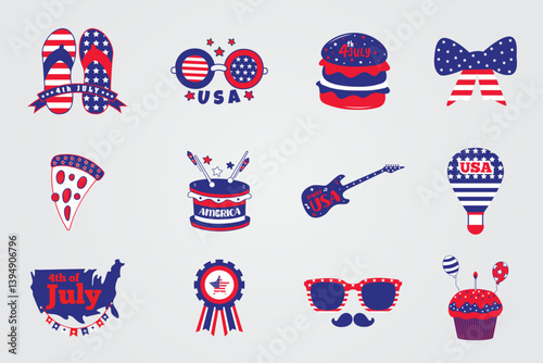 Big Patriotic USA 4th of July Vector Icon Bundle Independence Day American Food, Fashion & Festival Elements Set photo