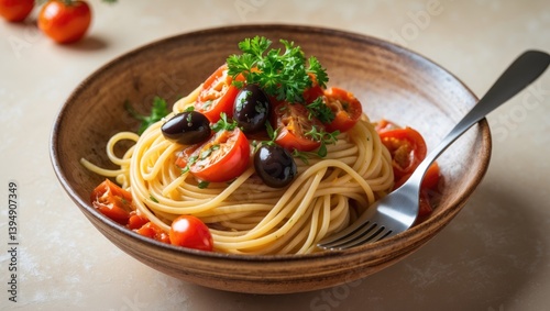 Italian midday meal. Spaghetti - pasta recipe featuring tomatoes, olives, capers, and parsley. Light backdrop. Room for text.