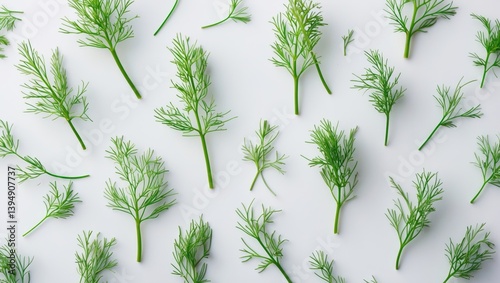 Set of isolated dill sprigs. Fresh fennel twig assortment, macro shot of fragrant herb plant dill on a white background.