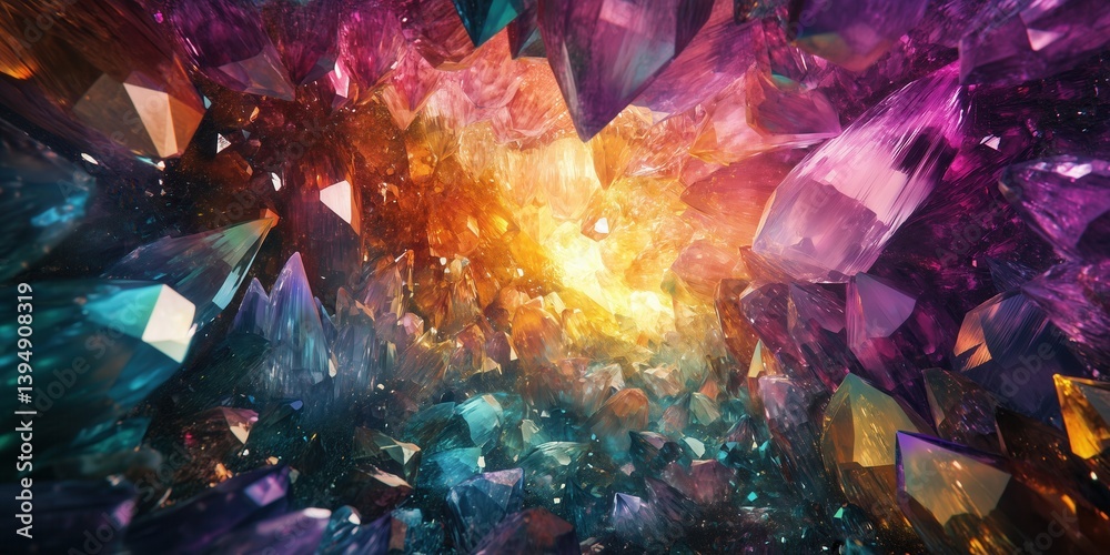 Cluster of colorful crystals exhibiting a mix of purple, orange, and pink hues. Glowing cave filled with crystals that emit soft, colorful light and shimmer like precious gems.
