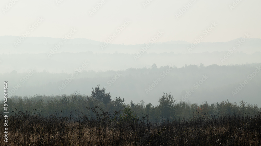 Atmospheric scene of hill layers in fog, autumn landscape Atmospheric scene of hill layers in fog, autumn landscape