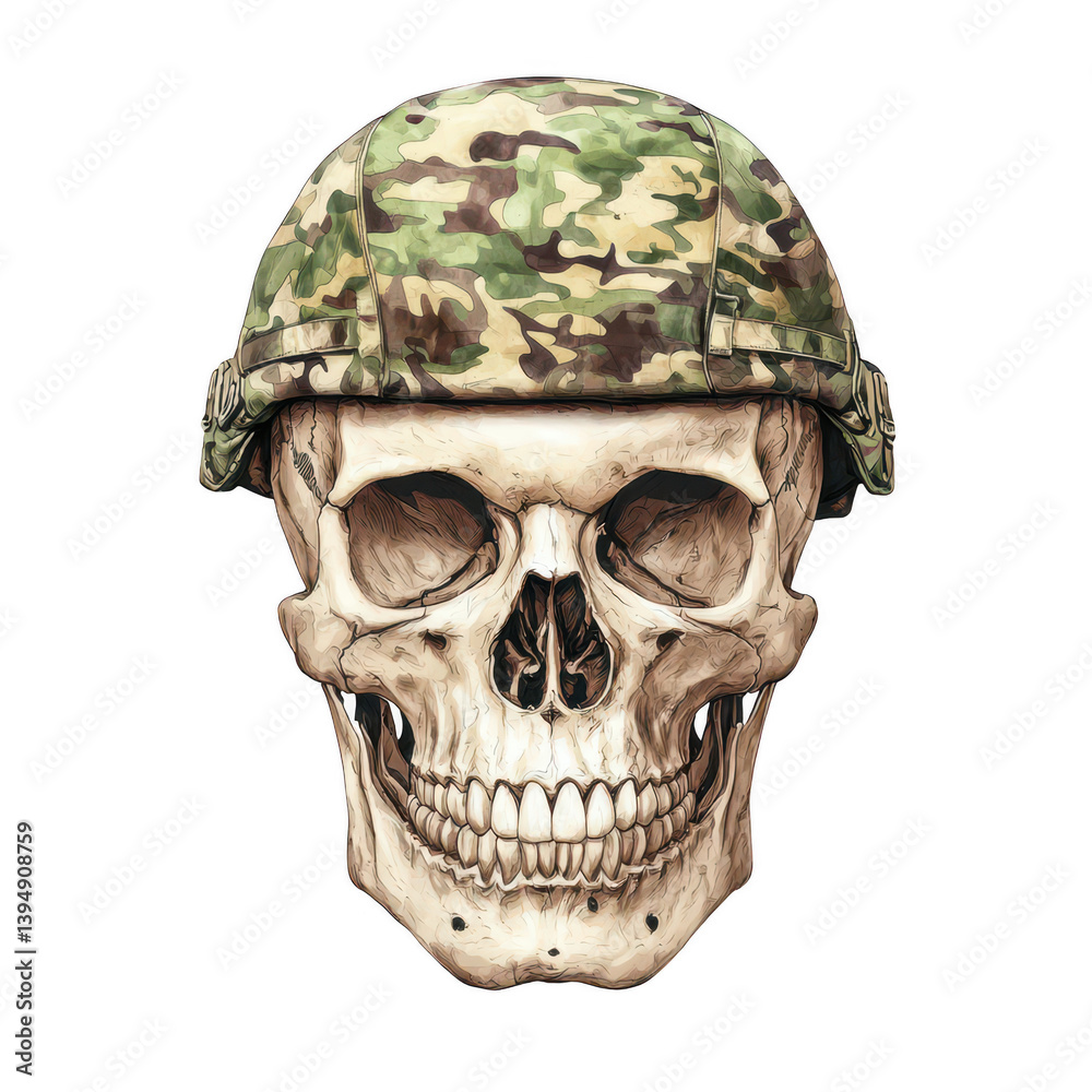 A detailed illustration of a human skull wearing a camouflage military helmet, emphasizing themes of sacrifice, bravery, and remembrance, perfect for various artistic interpretatio