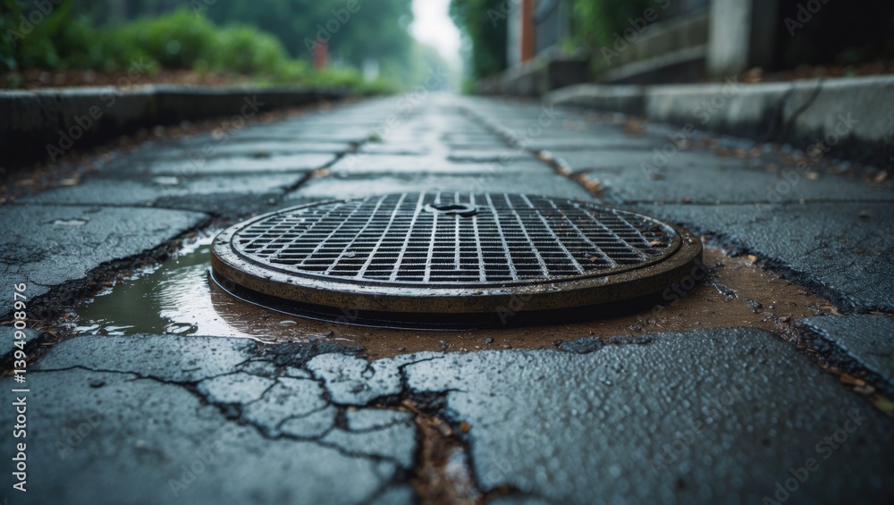 Cover the sewer with an iron plate on the road sidewalk Cover the sewer with an iron plate on the road sidewalk