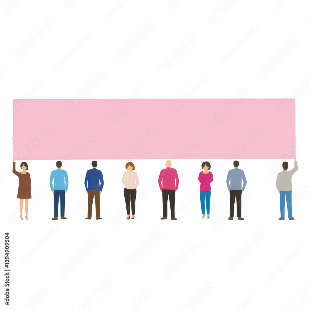 A diverse group of people holding a blank banner, standing together. Ideal for representing unity, protest, and social movements. Perfect for graphics and communication needs.