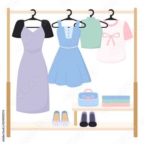 Clothing Rack with Cute Outfits, Shoes and Accessories. Vector Illustration