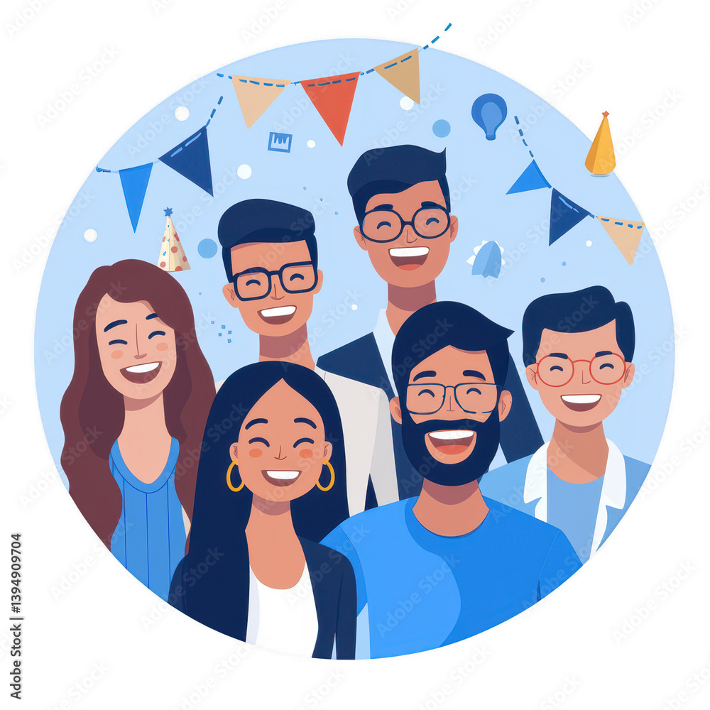 A diverse group of six smiling individuals celebrating together with festive decorations and a cheerful atmosphere.