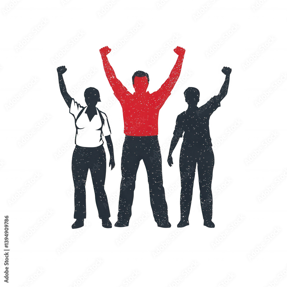 A diverse group of three silhouetted figures, one in red, raising their fists in a show of solidarity and empowerment, isolated on a white background.