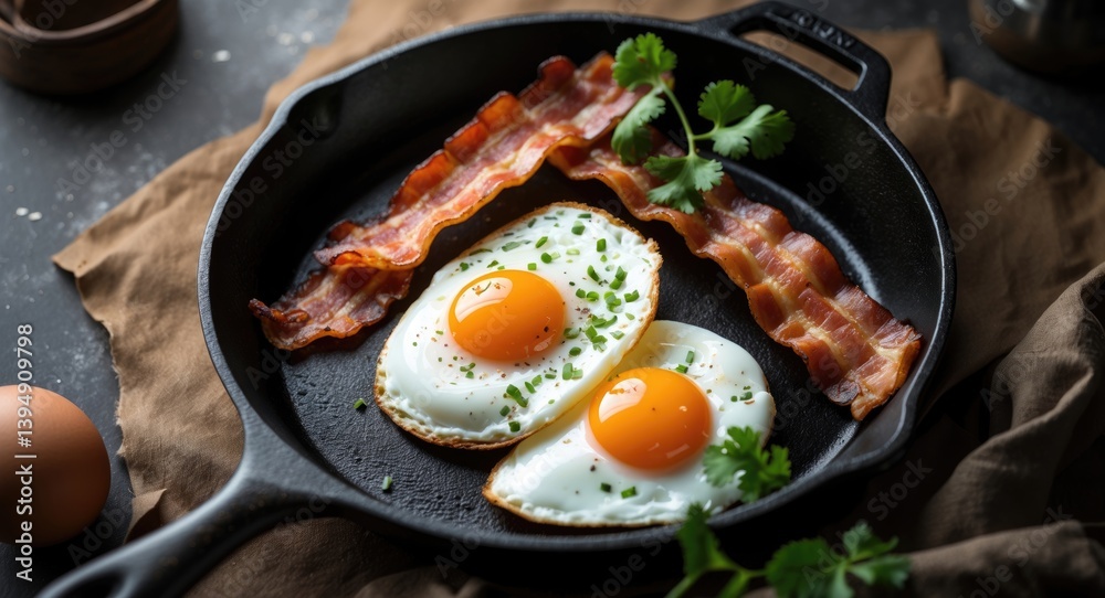 Iron cookware and fried eggs with bacon Iron cookware and fried eggs with bacon
