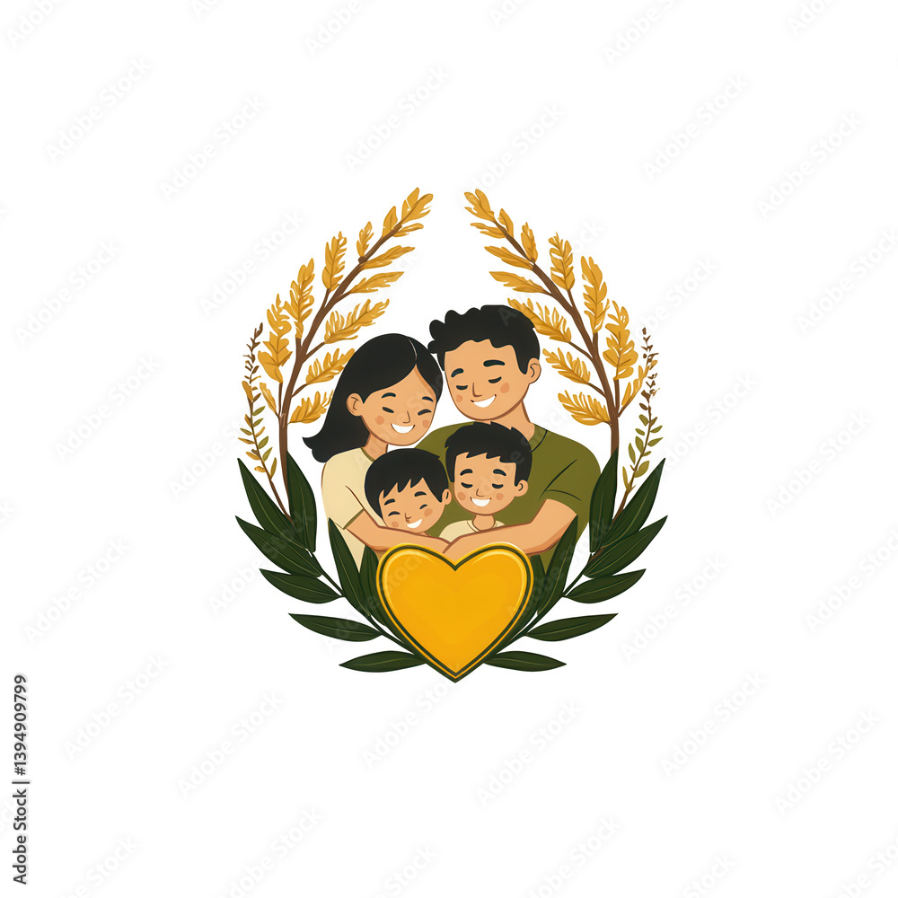 A family illustration featuring four members in a warm embrace, surrounded by decorative leaves and a heart symbol, representing love and unity.