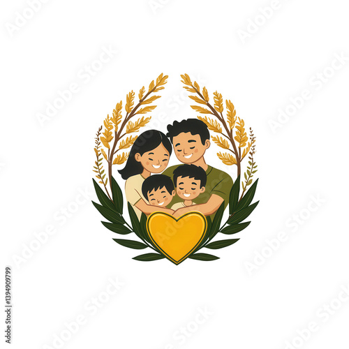 Obraz na płótnie A family illustration featuring four members in a warm embrace, surrounded by decorative leaves and a heart symbol, representing love and unity. w salonie