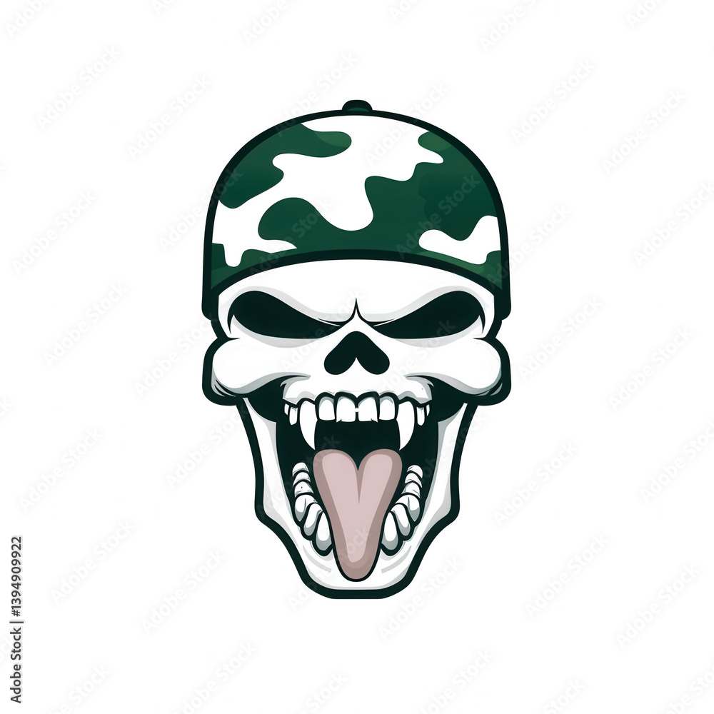A fierce skull design with a military camo cap, featuring a tongue sticking out