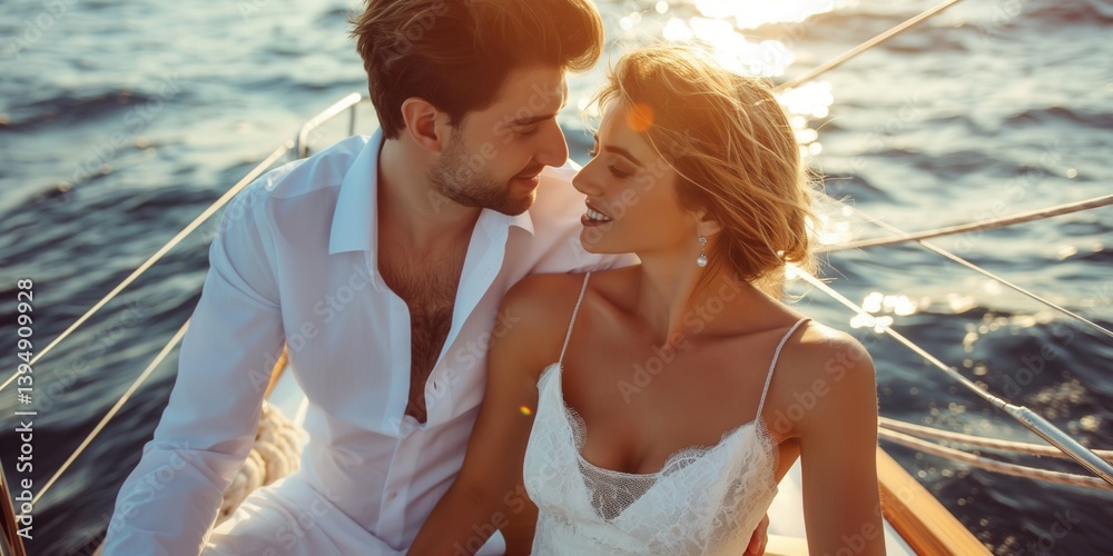 Beautiful couple wearing white clothes sailing on luxury yacht on summer evening. Man and woman in love enjoying themselves on a boat.