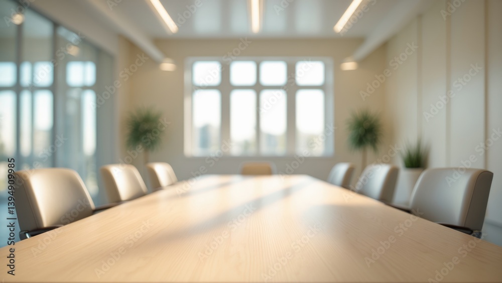 Unoccupied wooden work table in a well-lit conference space featuring a large window backdrop, mock up