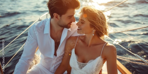 Obraz na płótnie Beautiful couple wearing white clothes sailing on luxury yacht on summer evening. Man and woman in love enjoying themselves on a boat. w salonie