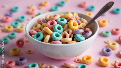 Vibrant cereal in a white bowl accompanied by a spoon on a white backdrop