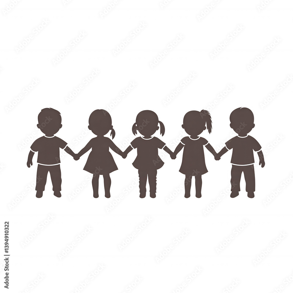 A group of diverse children holding hands, symbolizing unity and friendship, on a white isolated background.