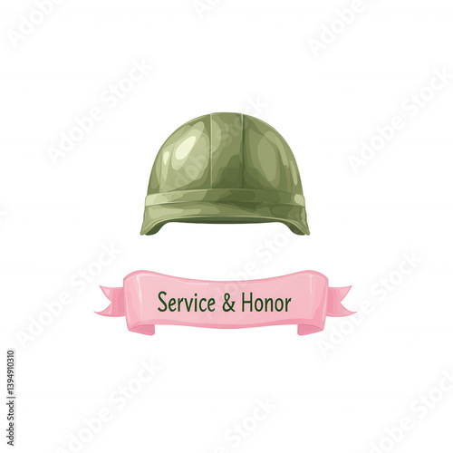 A green military helmet symbolizing service and honor, accompanied by a pink ribbon with the words 'Service & Honor'. Ideal for themes related to patriotism and respect.