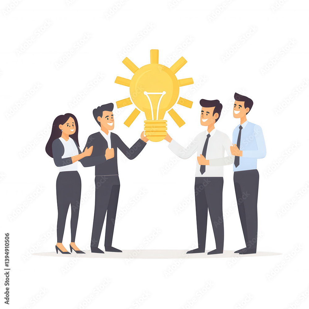 A group of diverse professionals collaboratively celebrating a bright idea represented by a glowing light bulb, showcasing teamwork and innovation.