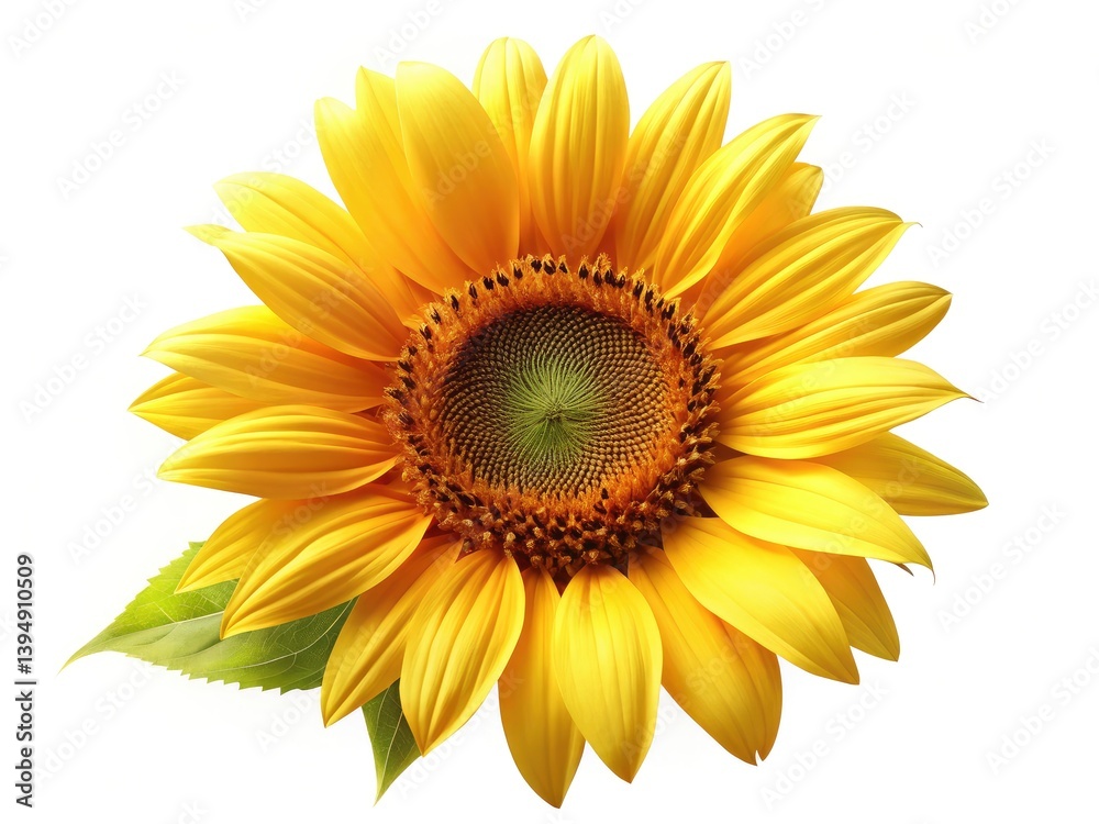 Fototapeta premium Bright Sunflower, Isolated, Vibrant Yellow Flower, High Depth of Field, Cheerful Summer Bloom, White Background, Macro Photography