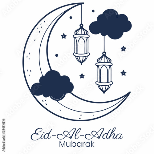 Eid AlAdha Mubarak Crescent Moon, Stars, Lanterns, Clouds