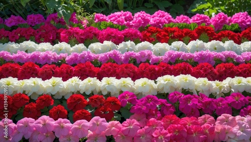 Bright geraniums blossom in shades of pink, red, and white against a sunlit garden backdrop.