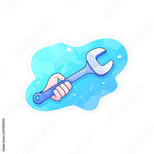 Obraz na płótnie A hand holding a wrench against a vibrant blue background, perfect for tools, repair, and DIY projects. w salonie
