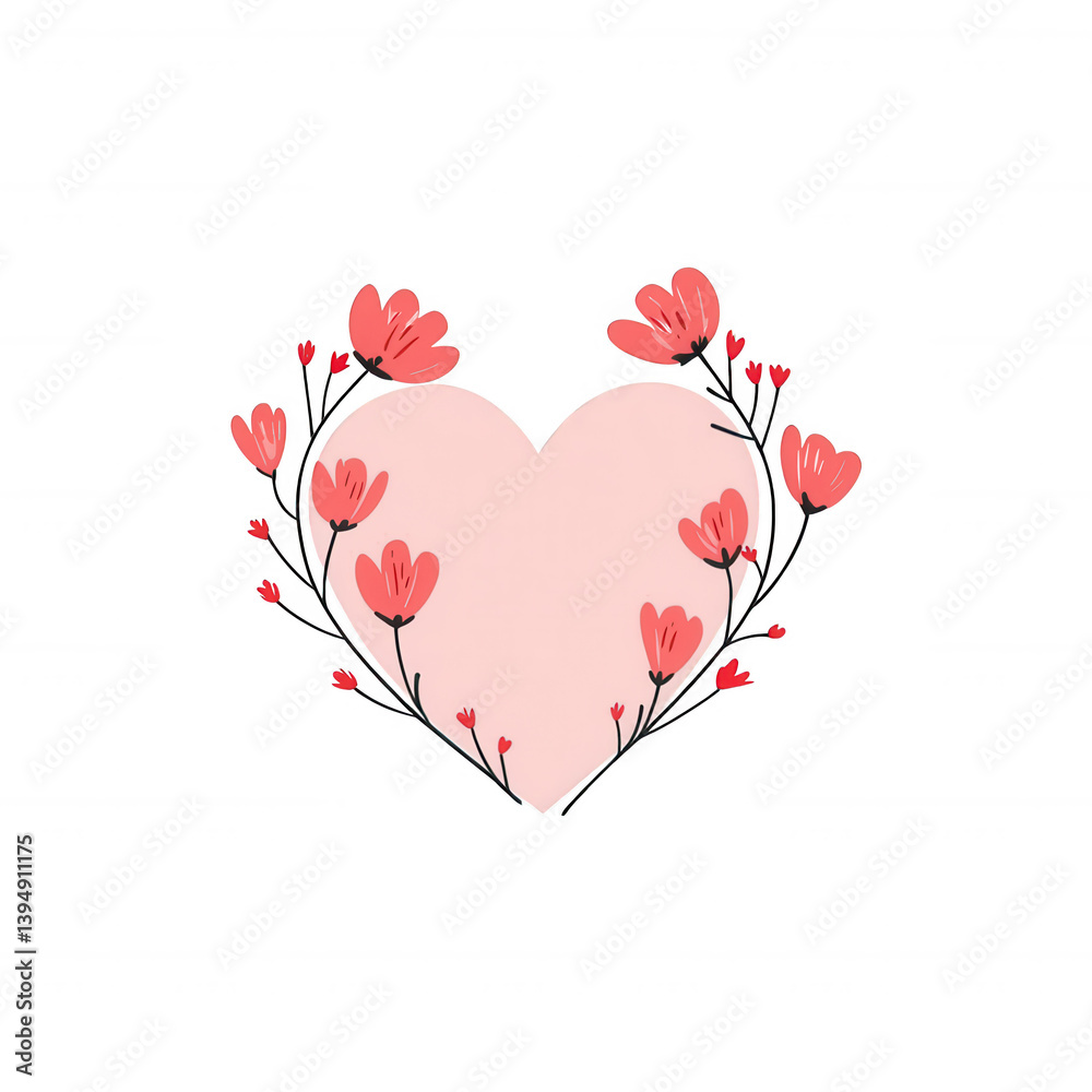 A heart-shaped illustration adorned with pink flowers and green leaves, perfect for celebrating love and nature. Ideal for romantic themes and floral designs.