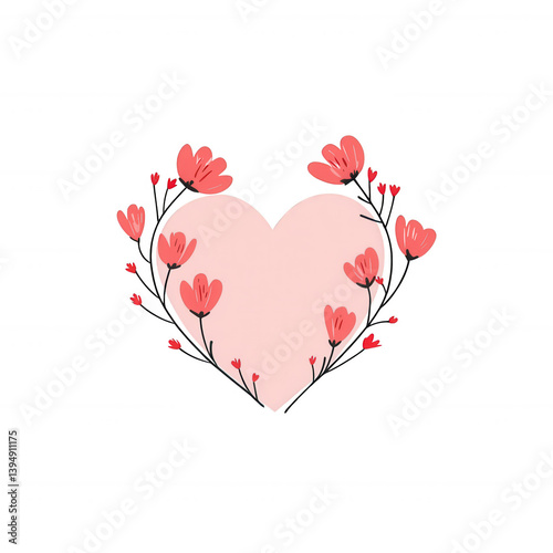 Obraz na płótnie A heart-shaped illustration adorned with pink flowers and green leaves, perfect for celebrating love and nature. Ideal for romantic themes and floral designs. w salonie