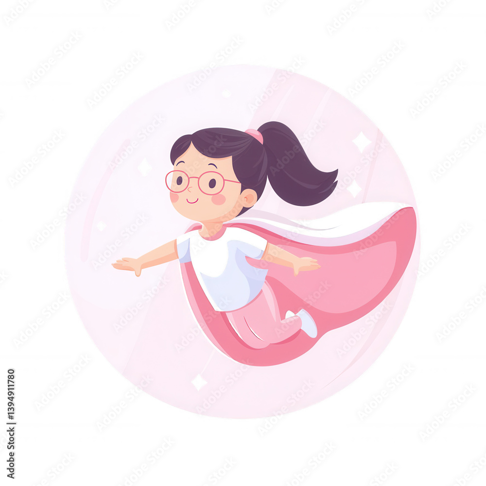 A joyful cartoon girl wearing a pink cape, flying through the air with a playful smile. Ideal for children's themes, creativity, and imagination.