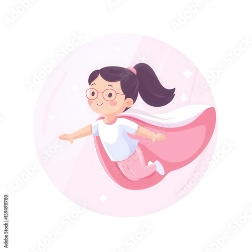 Obraz na płótnie A joyful cartoon girl wearing a pink cape, flying through the air with a playful smile. Ideal for children's themes, creativity, and imagination. w salonie