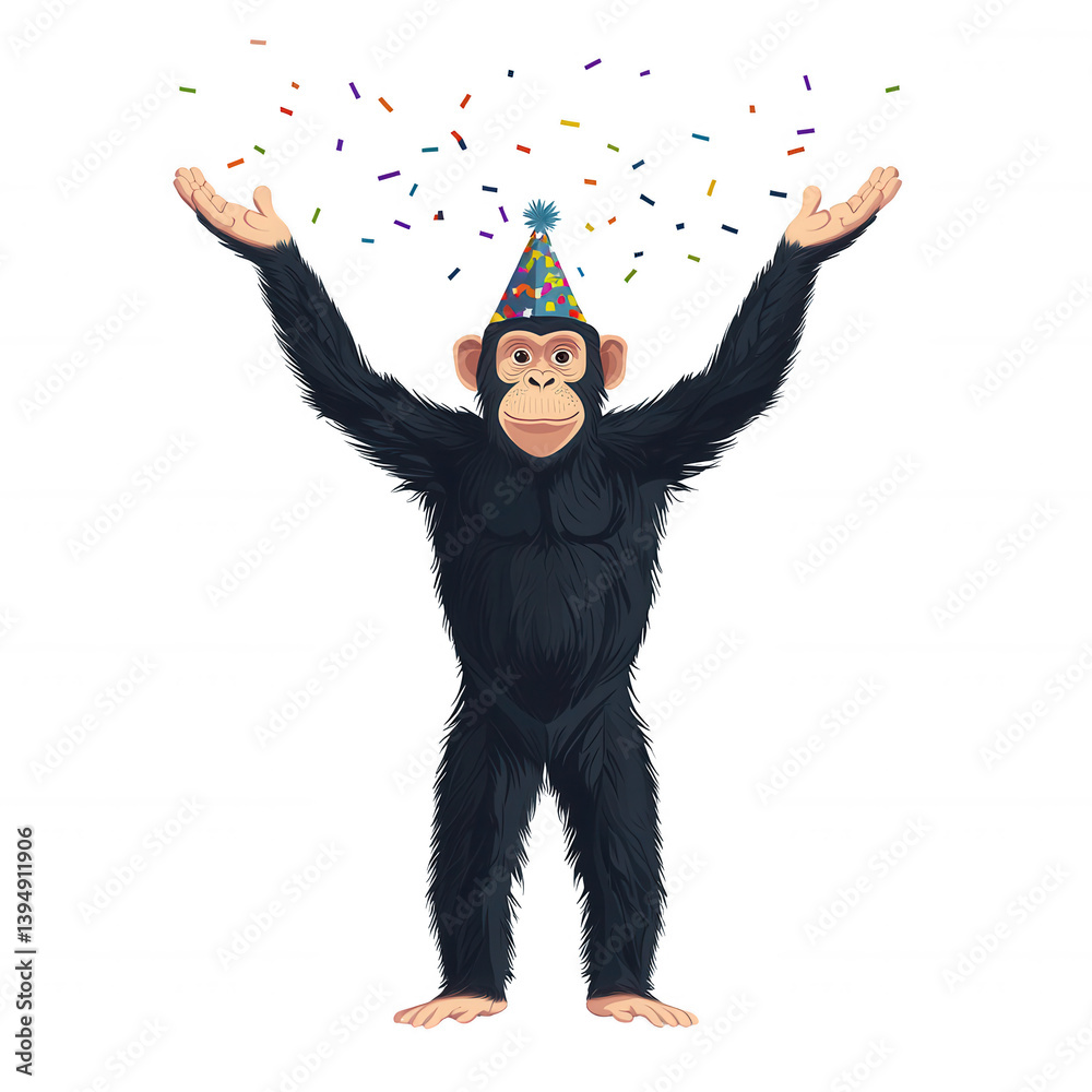 A joyful chimpanzee wearing a colorful party hat, celebrating with confetti raining down. Perfect for festive themes and fun occasions.