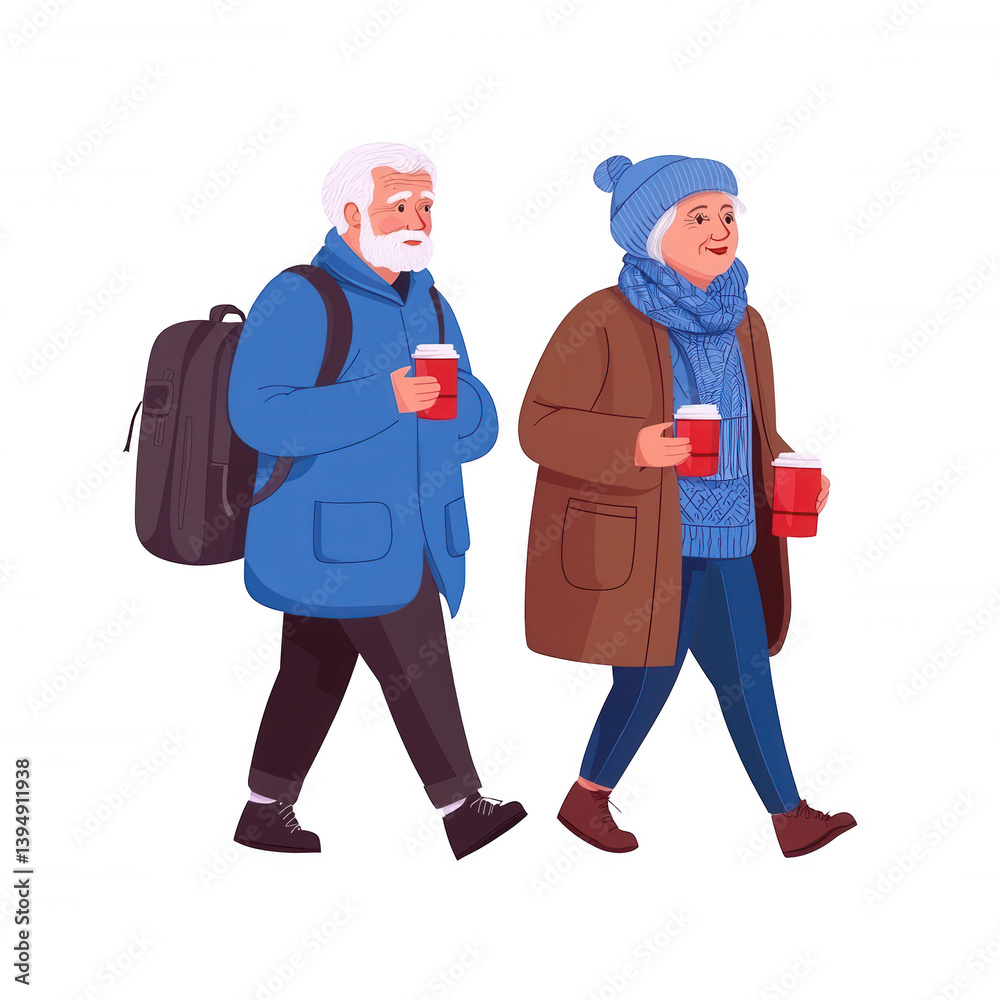 A joyful elderly couple walking together, holding warm drinks in festive cups, dressed warmly for the cold weather, showcasing a sense of companionship and happiness.