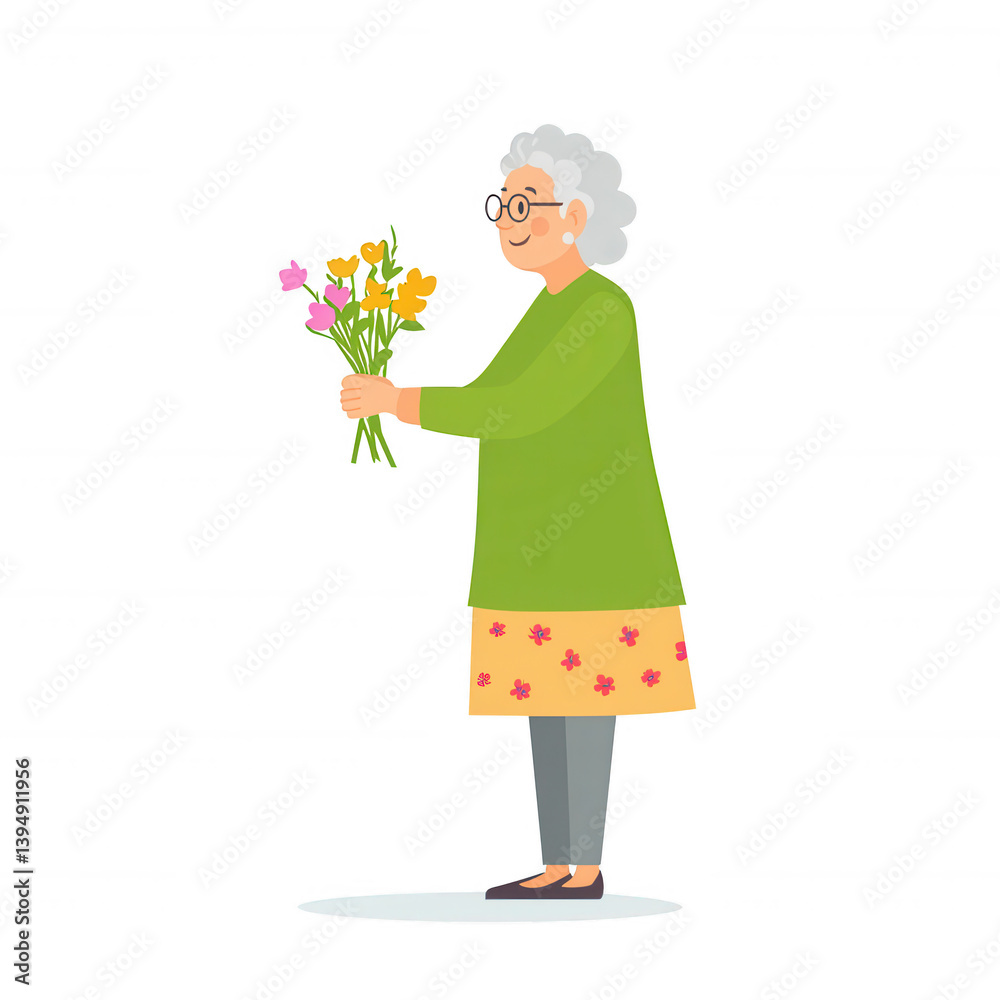 A joyful elderly woman holding a colorful bouquet of flowers, showcasing happiness and warmth. Her vibrant attire reflects a lively personality against a white isolated background.
