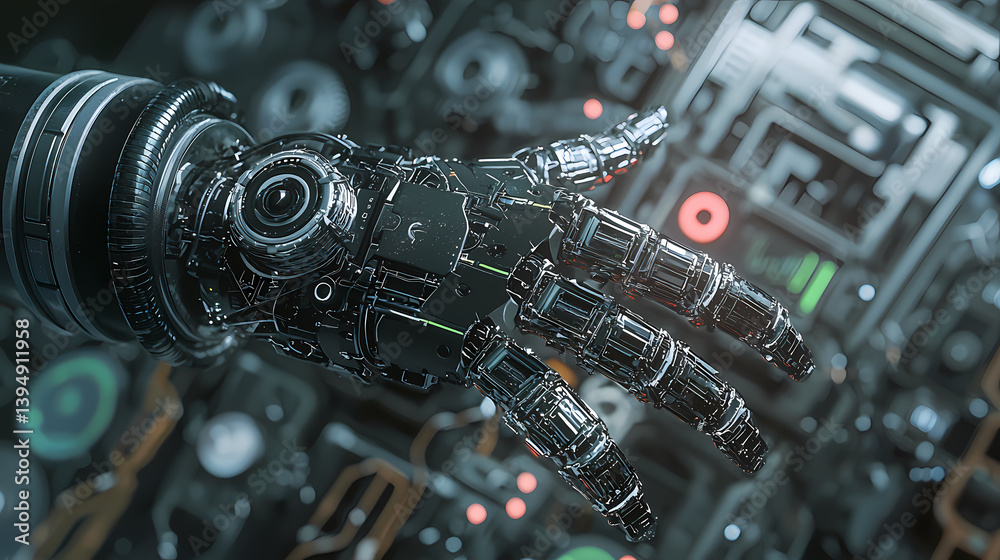 Fototapeta premium A futuristic robotic hand displayed against a complex, high-tech background filled with buttons and lights.