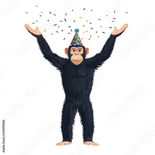 Obraz na płótnie A joyful chimpanzee wearing a colorful party hat, celebrating with confetti raining down. Perfect for festive themes and fun occasions. w salonie
