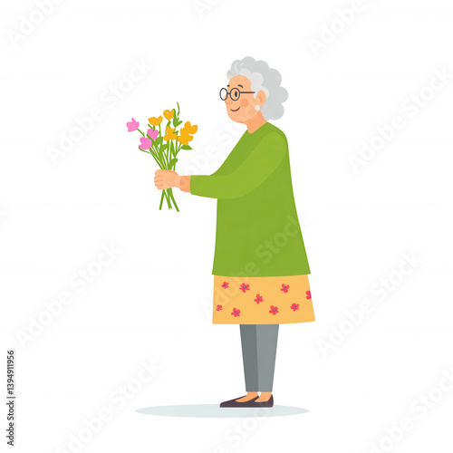 A joyful elderly woman holding a colorful bouquet of flowers, showcasing happiness and warmth. Her vibrant attire reflects a lively personality against a white isolated background.