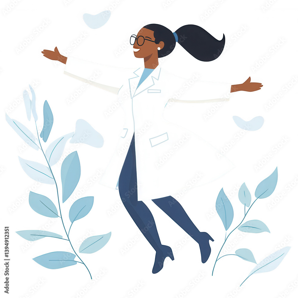A joyful woman in a lab coat, surrounded by green leaves, expressing a sense of happiness and excitement. Ideal for themes of science, health, and wellness.