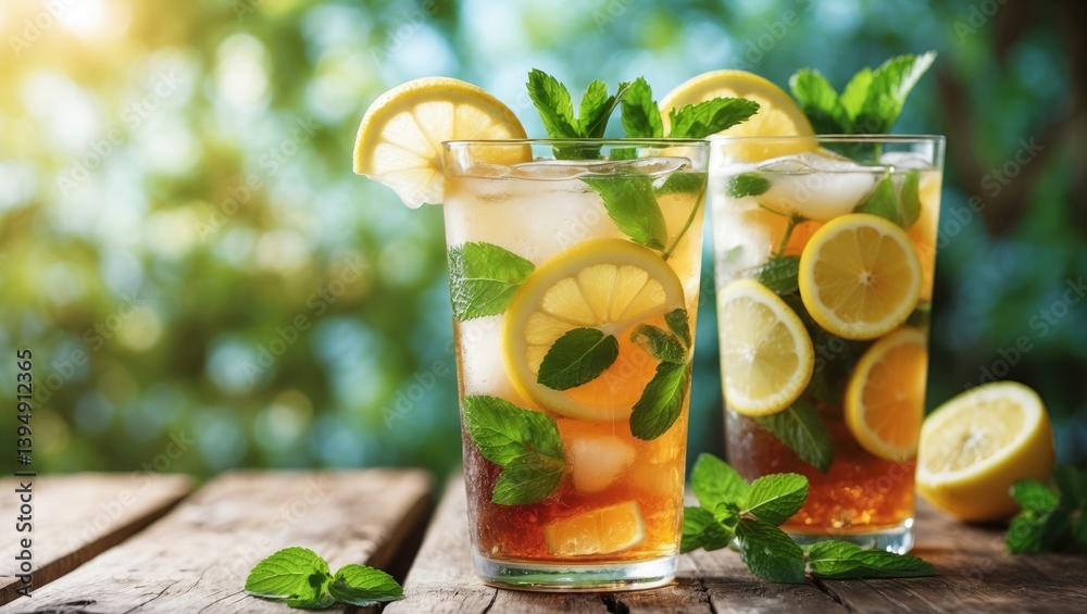 Fototapeta premium Refreshing iced tea with lemon and mint on a wooden outdoor table
